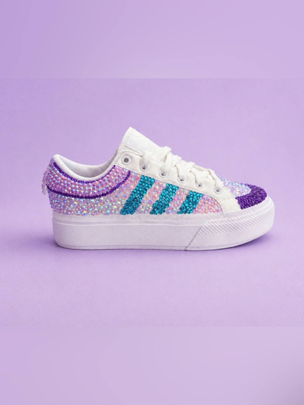 adidas White Sneakers with Purple and Teal Crystal Accents